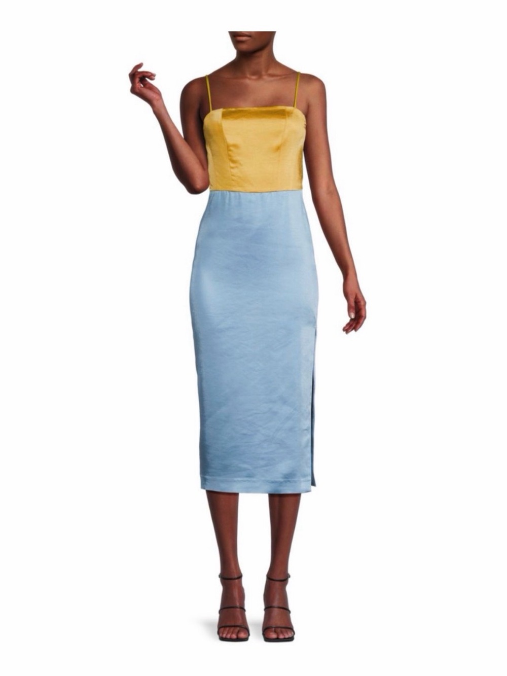 Ramy Brook Yellow & Light Blue Satin Colorblock Midi Skirt - Picture 9 of 9